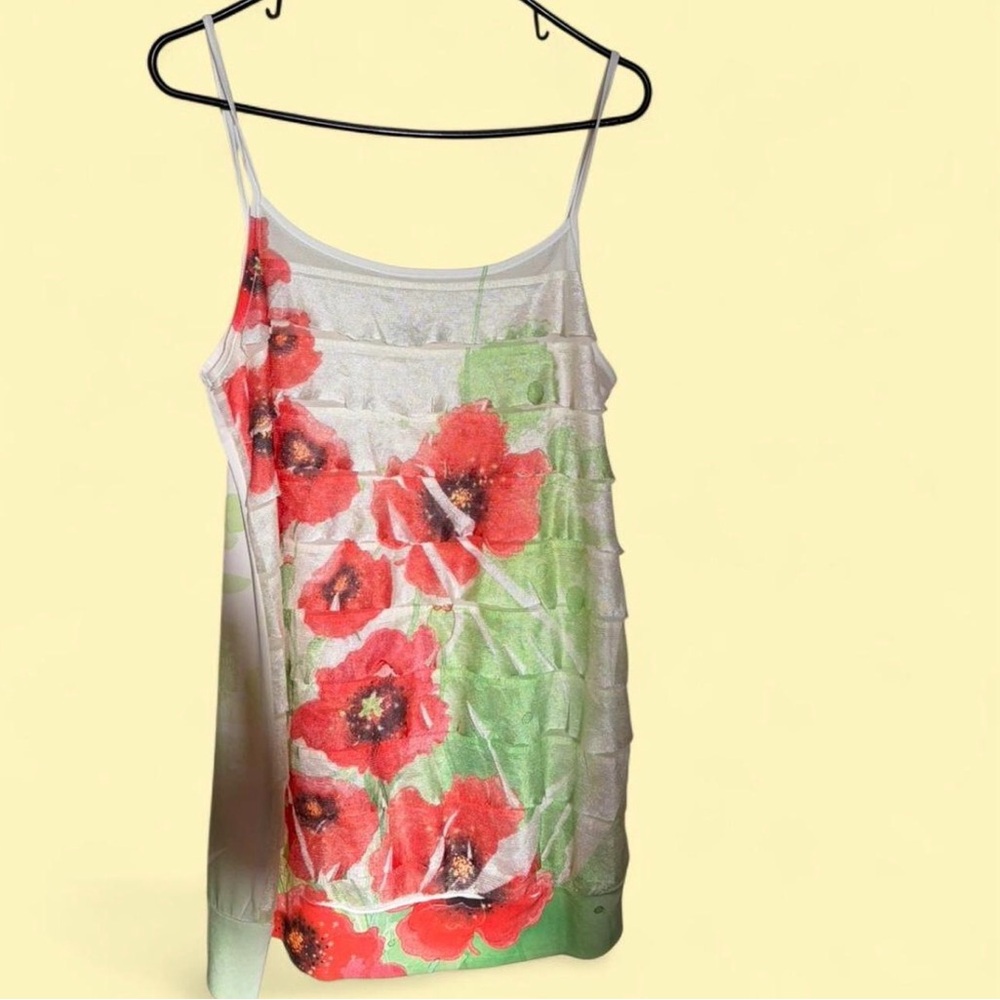 Vintage Red + green floral mesh tank top with ruffles and a boho vibe
